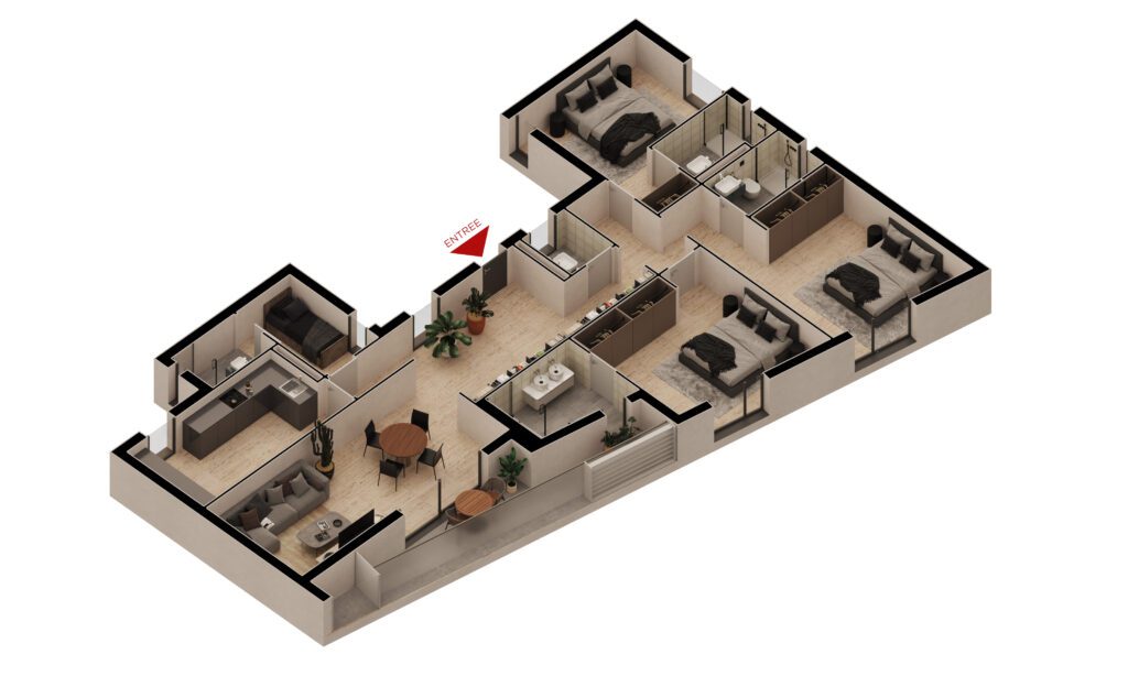 Maquette 3D de l'appartement F4A ELEGANCE de 158 m² Makaan Oasis à vendre à Dakar, aux Almadies