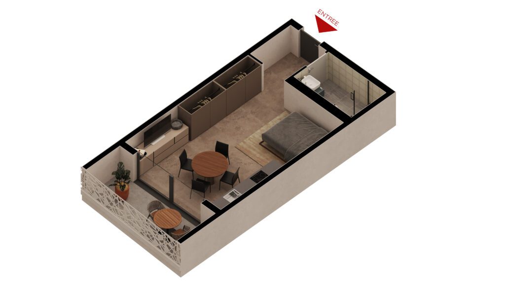 3D model of the apartment F1 AMAN - 55 m² Safiétou for sale in Dakar at Yoff